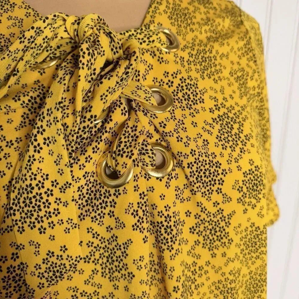 Michael Kors Sz M Floral Tie Flare Sleeve Popover Tunic Blouse Shirt Gold HW